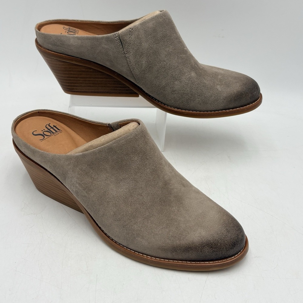 Sofft Nicki Suede Mule Clogs Womens 11M Taupe Wedge Heel Slip On Boho